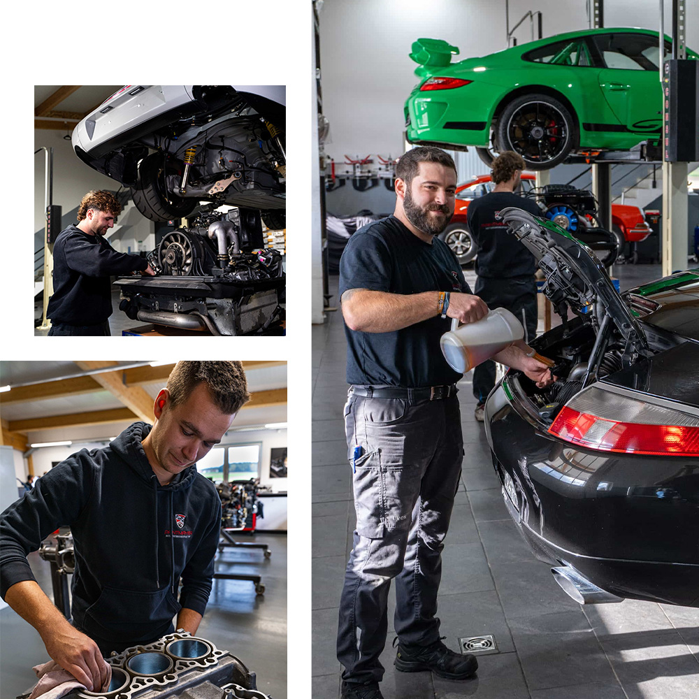 Drei Automechaniker arbeiten in einer hellen Garage an Luxusautos: Einer gießt Flüssigkeit in den Motor eines schwarzen Autos, ein anderer reinigt Motorteile, und ein dritter inspiziert die Unterseite eines gelifteten grünen Sportwagens.